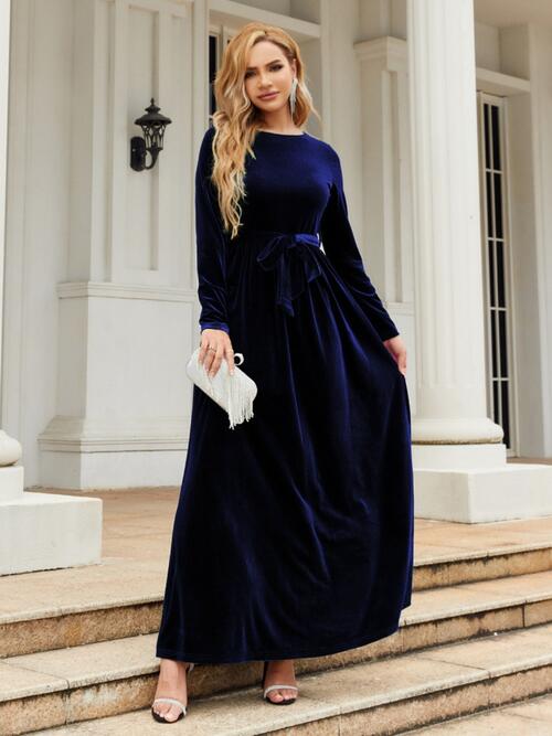 Gray Tie Front Round Neck Long Sleeve Maxi Dress