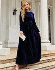 Gray Tie Front Round Neck Long Sleeve Maxi Dress