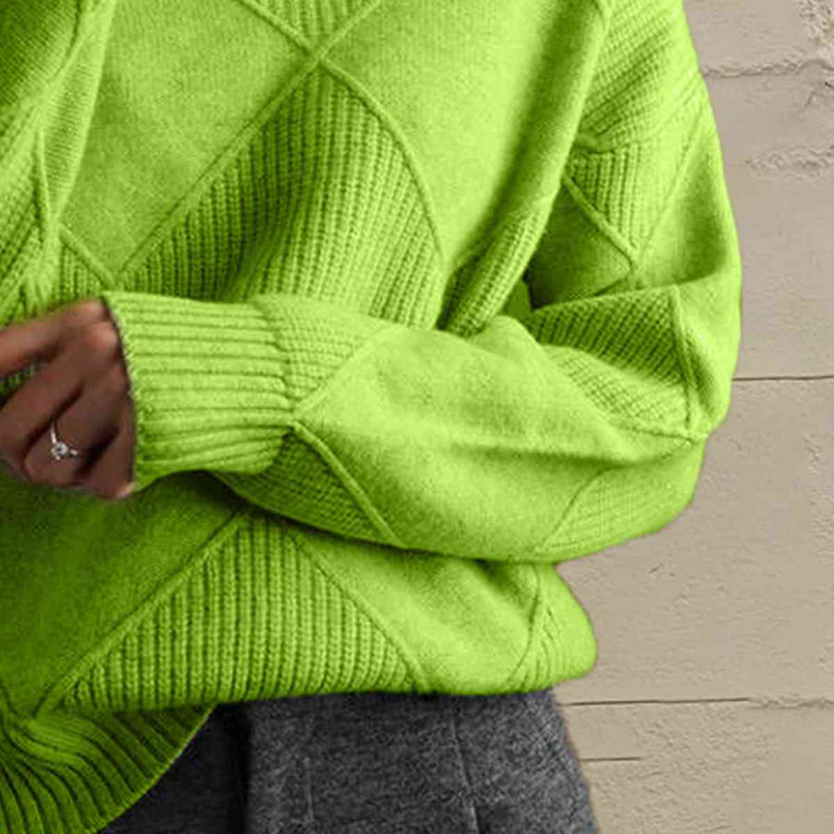 Yellow Green Geometric Turtleneck Long Sleeve Sweater Sentient Beauty Fashions Tops