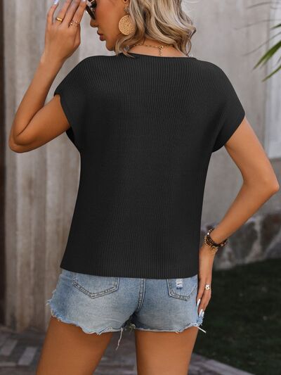 Dark Slate Gray Pocketed Round Neck Cap Sleeve Sweater Sentient Beauty Fashions Apparel &amp; Accessories