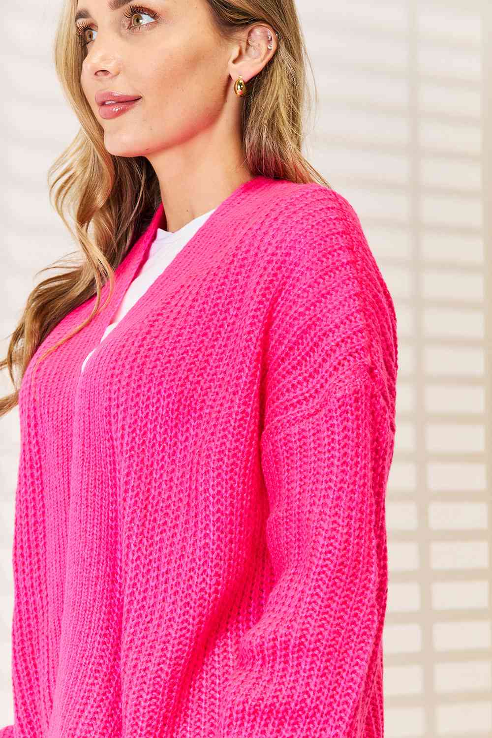 Pale Violet Red Woven Right Rib-Knit Open Front Drop Shoulder Cardigan Sentient Beauty Fashions Apparel & Accessories