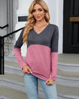 Rosy Brown V-Neck Long Sleeve Two-Tone T-Shirt