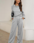 Gray Round Neck Long Sleeve Top and Pants Set Sentient Beauty Fashions Apparel & Accessories