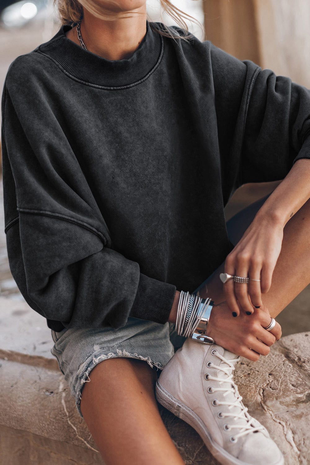 Dark Slate Gray Round Neck Dropped Shoulder Sweatshirt