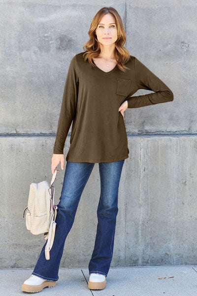 Dark Gray Basic Bae Full Size V-Neck Long Sleeve Top Sentient Beauty Fashions Apparel &amp; Accessories