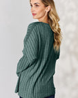 Dark Slate Gray Basic Bae Full Size Ribbed Half Button Long Sleeve T-Shirt Sentient Beauty Fashions Apparel & Accessories
