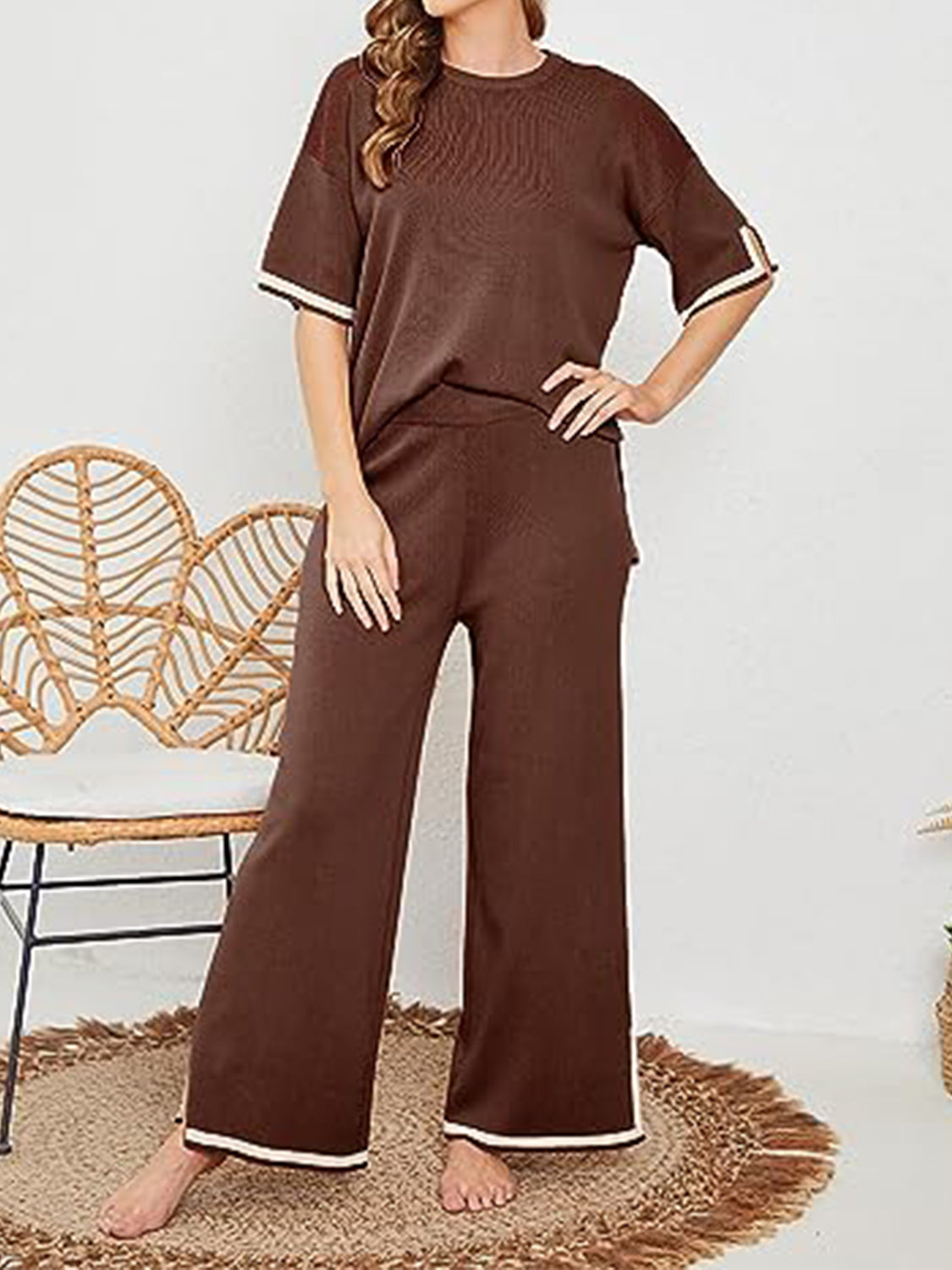 Saddle Brown Contrast High-Low Sweater and Knit Pants Set Sentient Beauty Fashions Apparel & Accessories