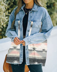 Gray Collared Neck Dropped Shoulder Denim Jacket