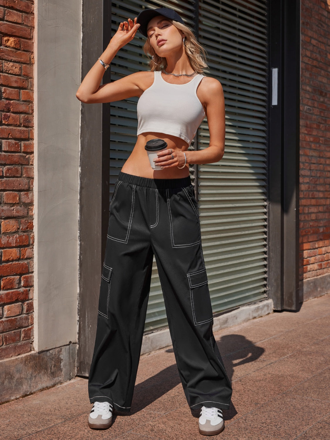 Dim Gray Contrast Stitching Pocketed Wide Leg Pants Sentient Beauty Fashions Apparel & Accessories
