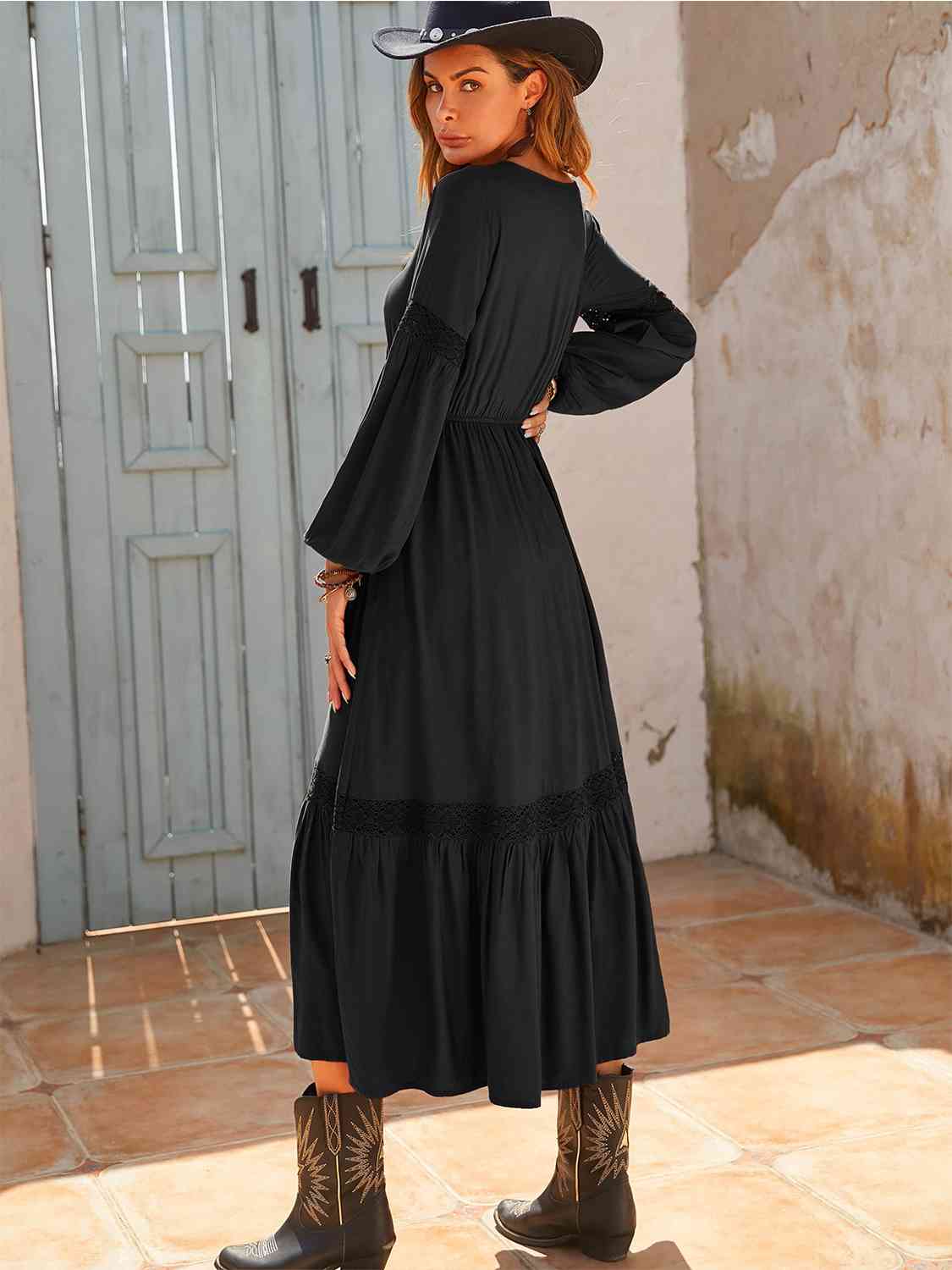 Rosy Brown Tie Neck Balloon Sleeve Midi Dress Sentient Beauty Fashions Apparel &amp; Accessories
