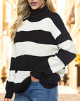 Bisque Striped Turtleneck Long Sleeve Sweater