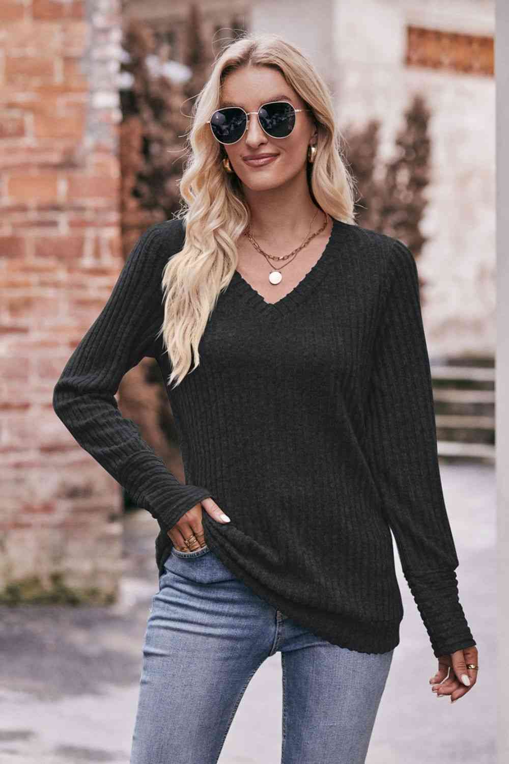 Dark Gray Double Take V-Neck Long Sleeve Ribbed Top Sentient Beauty Fashions Apparel & Accessories