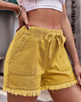 Sienna Drawstring Raw Hem Denim Shorts Sentient Beauty Fashions Apparel & Accessories