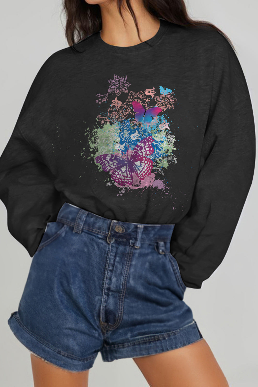 Gray Simply Love Full Size Butterfly Graphic Sweatshirt Sentient Beauty Fashions Apparel &amp; Accessories