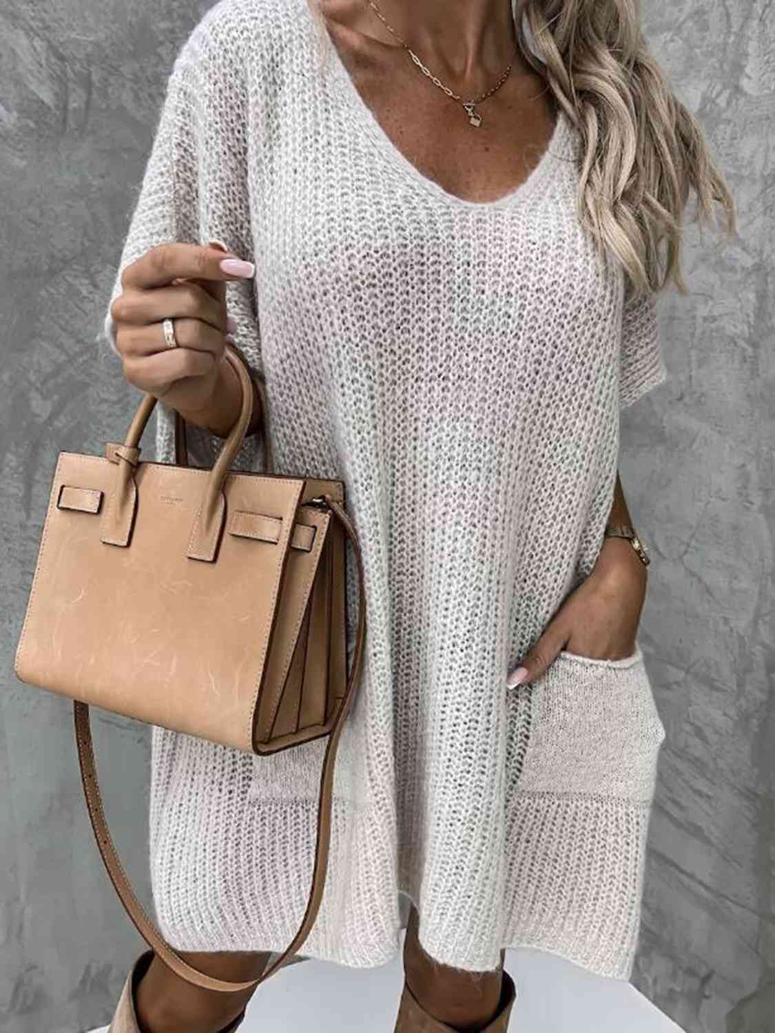 Rosy Brown Short Sleeve Sweater Dress with Pockets