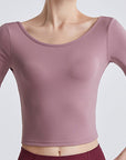 Rosy Brown Cutout Backless Round Neck Active T-Shirt Sentient Beauty Fashions Apparel & Accessories