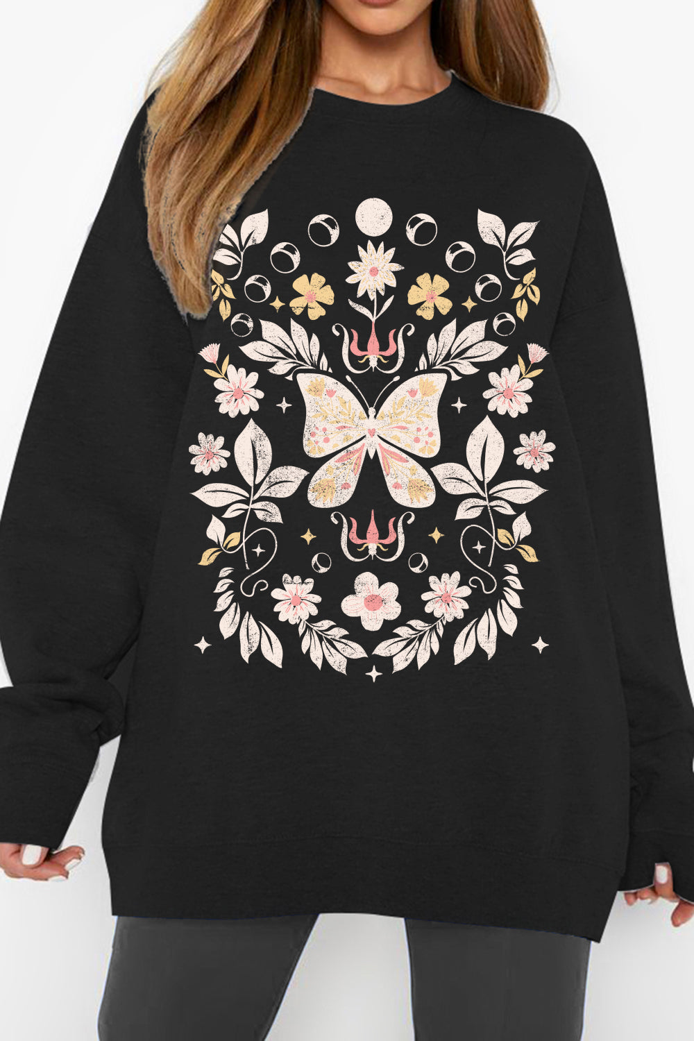 Dark Slate Gray Simply Love Full Size Flower and Butterfly Graphic Sweatshirt Sentient Beauty Fashions Apparel & Accessories