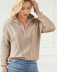 Light Gray Cable-Knit Half Zip Long Sleeve Sweater Sentient Beauty Fashions Apparel & Accessories