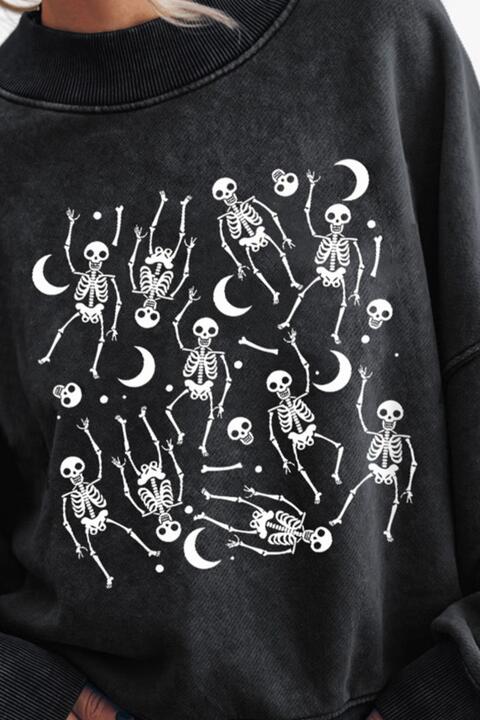 Dark Slate Gray Skeleton Graphic Round Neck Long Sleeve Sweatshirt Sentient Beauty Fashions Apparel &amp; Accessories
