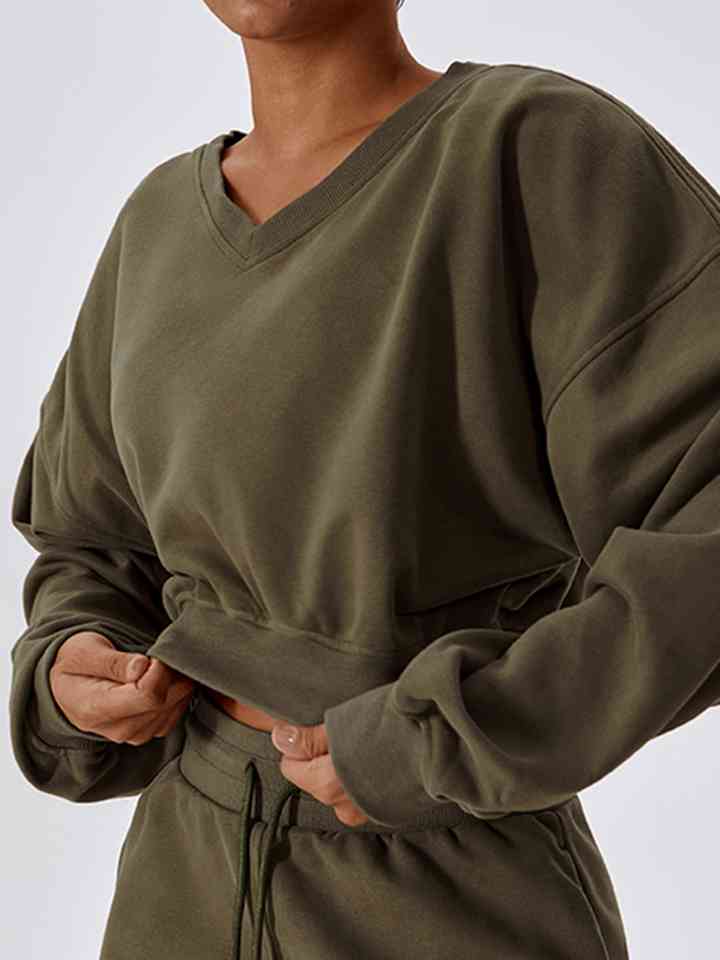 Dark Slate Gray V-Neck Dropped Shoulder Sports Sweatshirt Sentient Beauty Fashions Apparel & Accessories