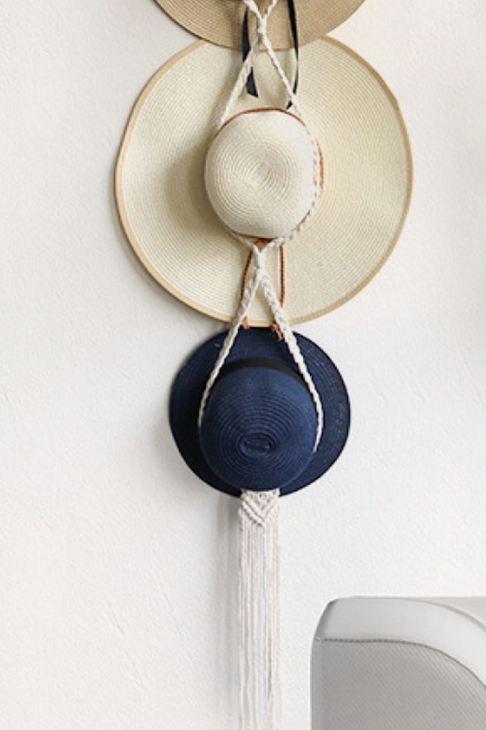 Light Gray Macrame Triple Hat Hanger Sentient Beauty Fashions Home Decor