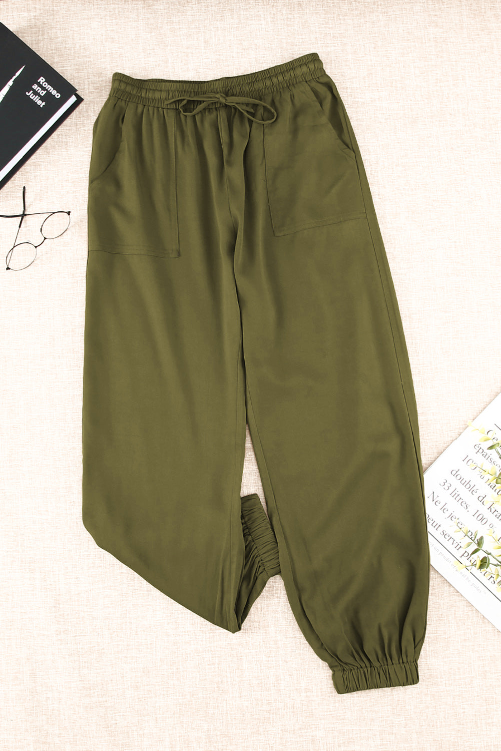 Dark Olive Green Drawstring Waist Joggers with Pockets Sentient Beauty Fashions Apparel & Accessories