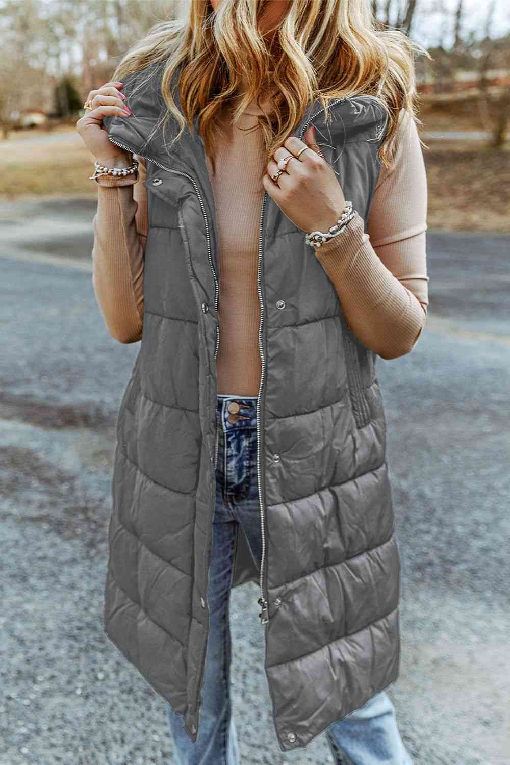 Dim Gray Longline Hooded Sleeveless Puffer Vest Sentient Beauty Fashions Apparel &amp; Accessories