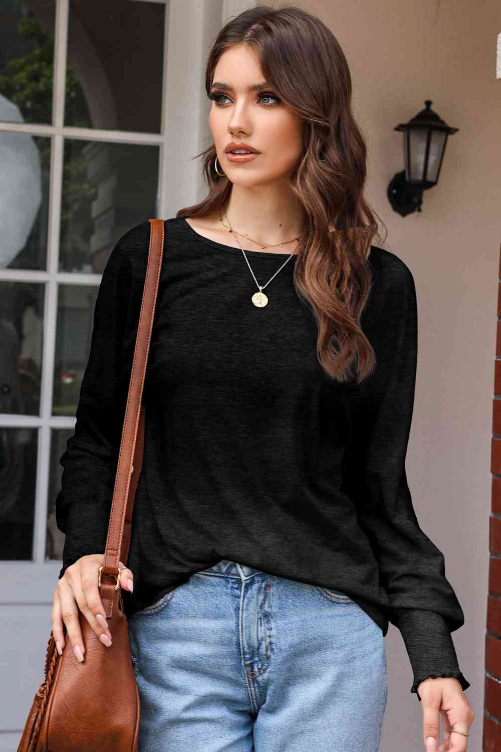 Black Round Neck Smocked Long Sleeve Blouse Sentient Beauty Fashions Apparel & Accessories