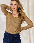 Light Gray Basic Bae Full Size Ribbed Long Sleeve T-Shirt Sentient Beauty Fashions Apparel & Accessories