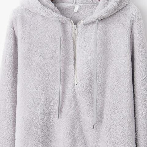 Light Gray Quarter-Zip Drawstring Teddy Hoodie