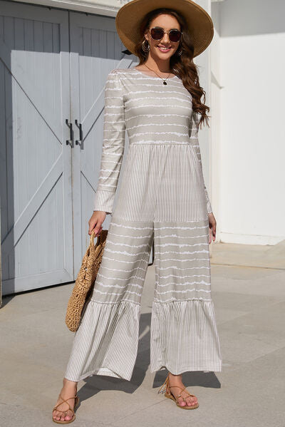 Gray Striped Round Neck Long Sleeve Jumpsuit Sentient Beauty Fashions Apparel & Accessories