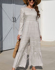 Gray Striped Round Neck Long Sleeve Jumpsuit Sentient Beauty Fashions Apparel & Accessories