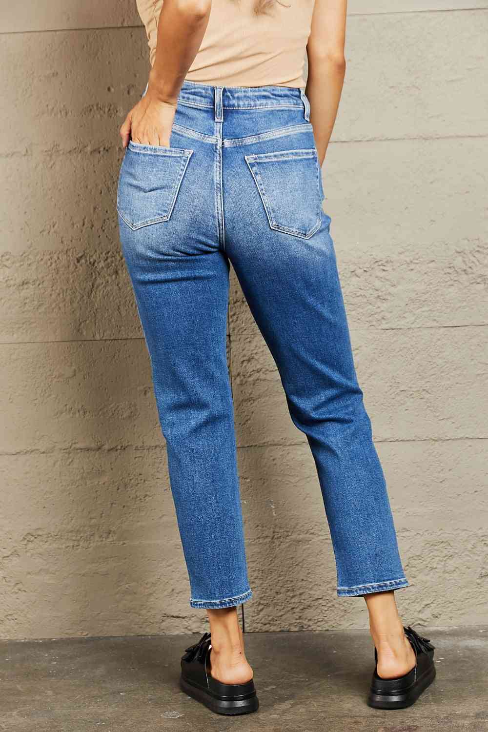 Rosy Brown BAYEAS High Waisted Cropped Dad Jeans Sentient Beauty Fashions Apparel &amp; Accessories