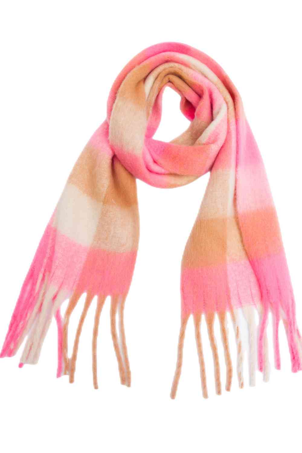 Light Pink Plaid Fringe Detail Polyester Scarf Sentient Beauty Fashions *Accessories