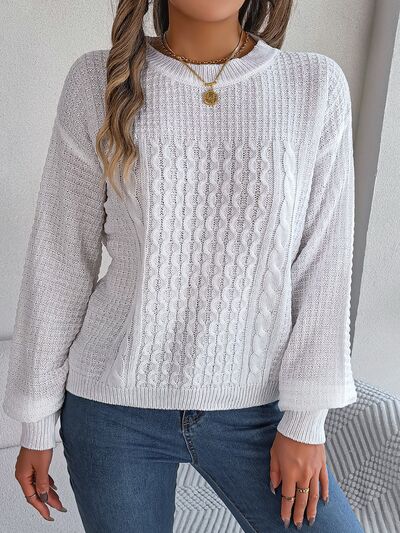Gray Cable-Knit Round Neck Long Sleeve Sweater Sentient Beauty Fashions Apparel & Accessories