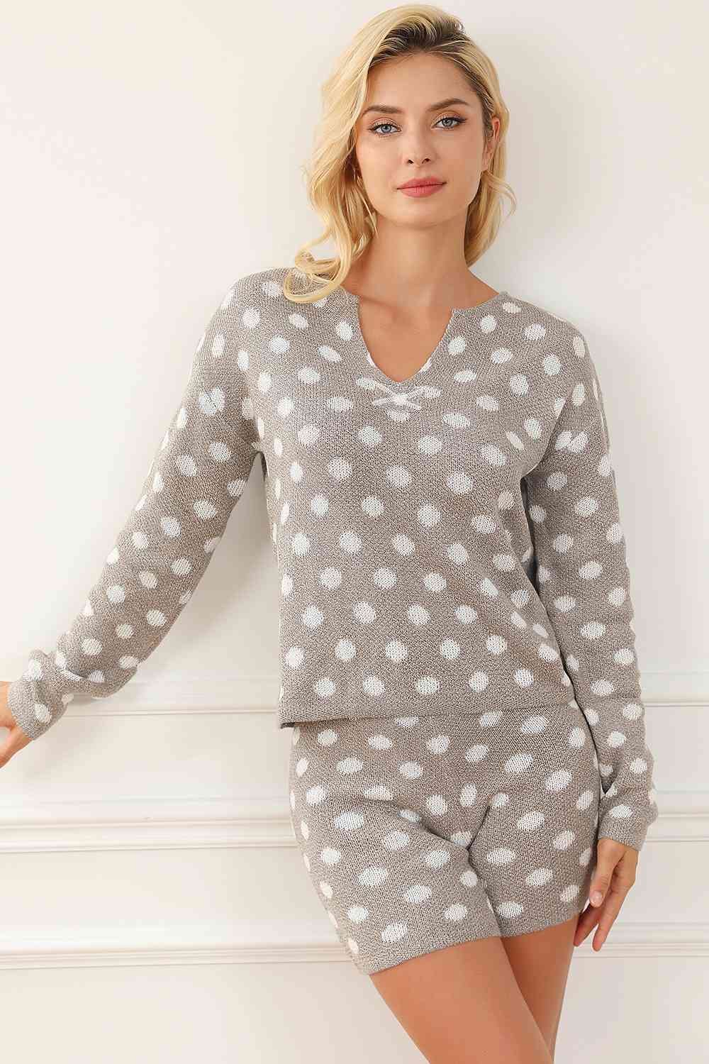 Light Gray Polka Dot Notched Neck Top and Shorts Set Sentient Beauty Fashions Sleepwear