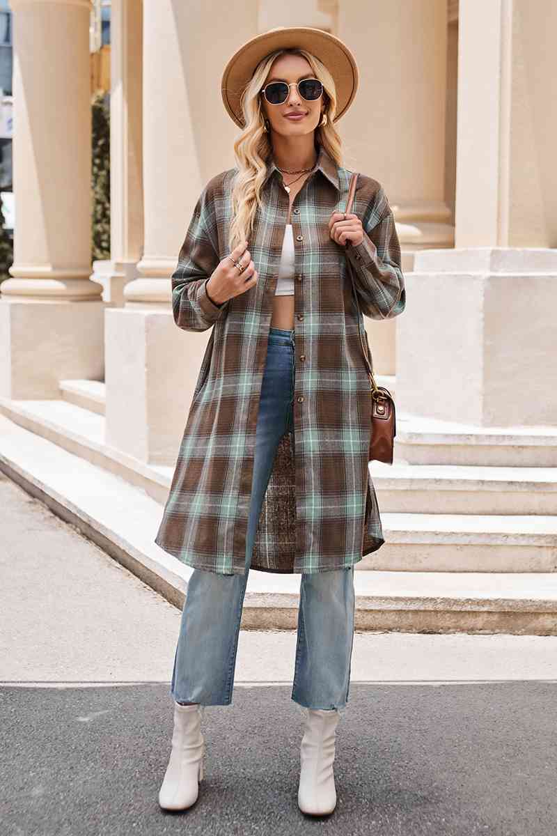 Gray Plaid Collared Neck Long Sleeve Coat Sentient Beauty Fashions Apparel & Accessories