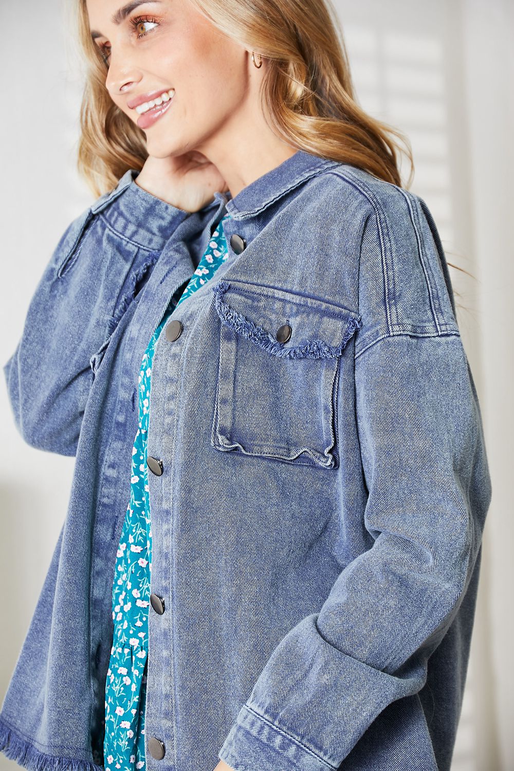Gray HEYSON Full Size Mineral-Washed Button-Down Denim Jacket Sentient Beauty Fashions Apparel &amp; Accessories