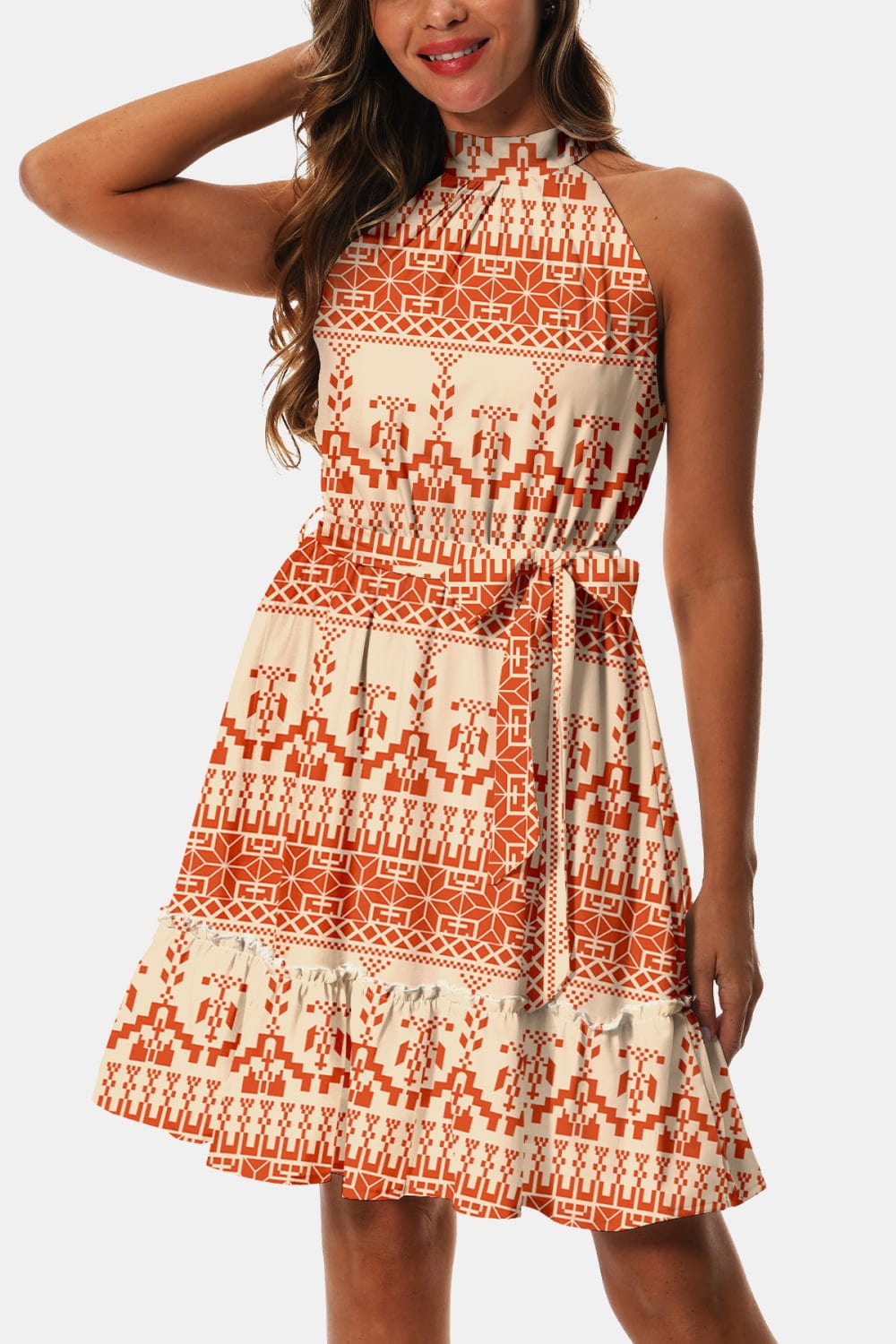 Beige Printed Tie Waist Frill Trim Dress