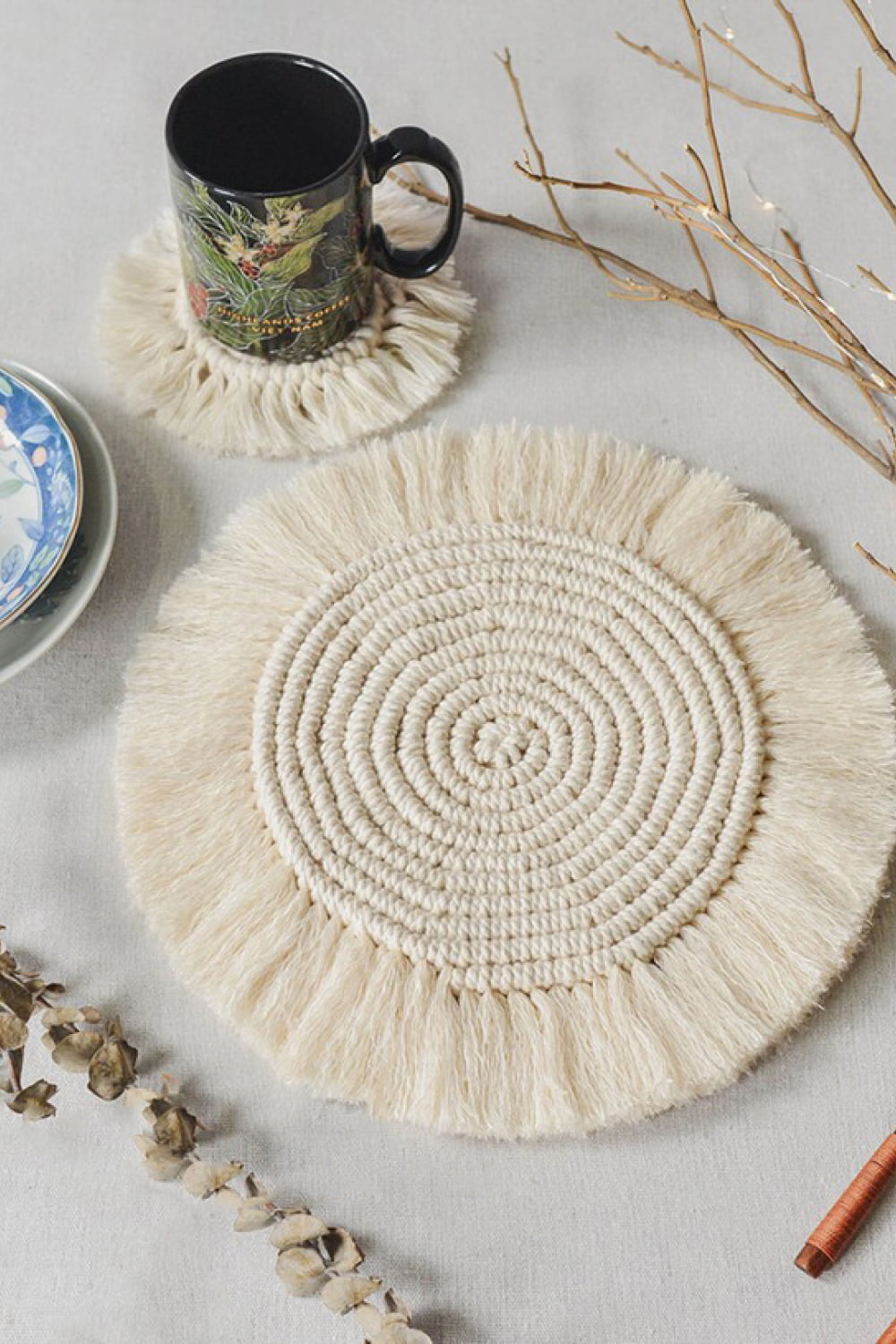 Gray 11.8&quot; Macrame Round Cup Mat Sentient Beauty Fashions Home Decor