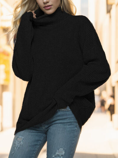 Dark Slate Gray Turtleneck Drop Shoulder Long Sleeve Sweater Sentient Beauty Fashions Apparel & Accessories