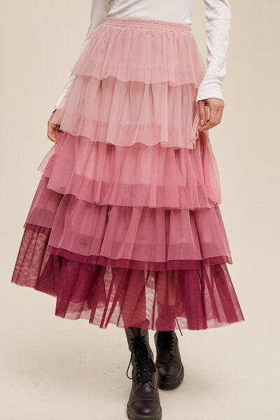 Light Gray Elastic Waist Layered Tulle Midi Skirt Sentient Beauty Fashions Apparel & Accessories