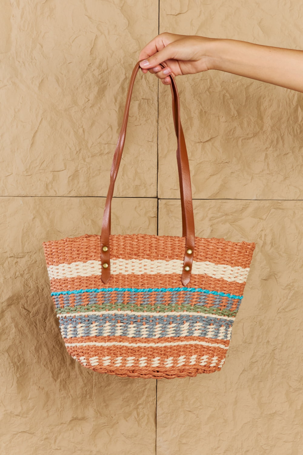 Tan Fame By The Sand Straw Braided Striped Tote Bag Sentient Beauty Fashions *Accessories