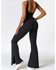 Black Wide Strap Bootcut Slit Active Jumpsuit Sentient Beauty Fashions Apparel & Accessories