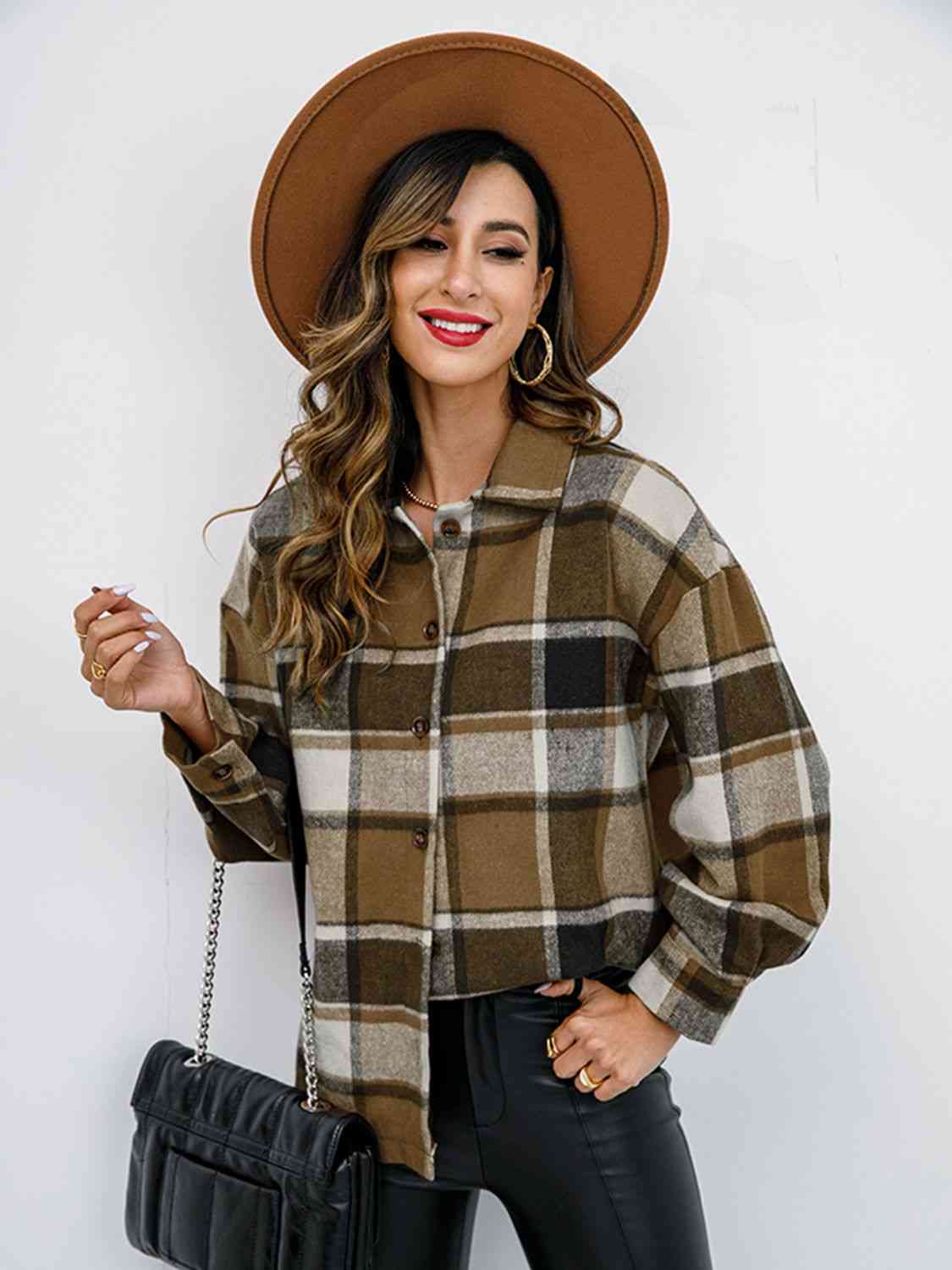 Dark Slate Gray Plaid Button Up Collared Neck Jacket Sentient Beauty Fashions Apparel &amp; Accessories