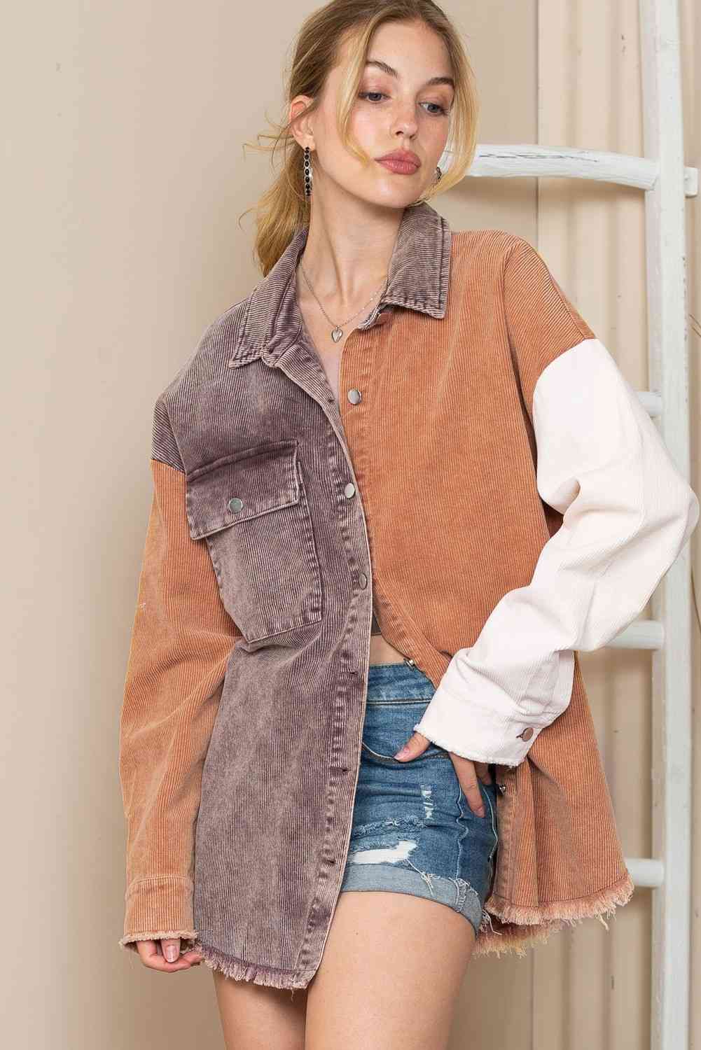 Tan Color Block Collared Neck Jacket