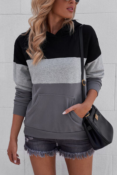 Dark Gray Color Block Dropped Shoulder Hoodie Sentient Beauty Fashions Apparel &amp; Accessories