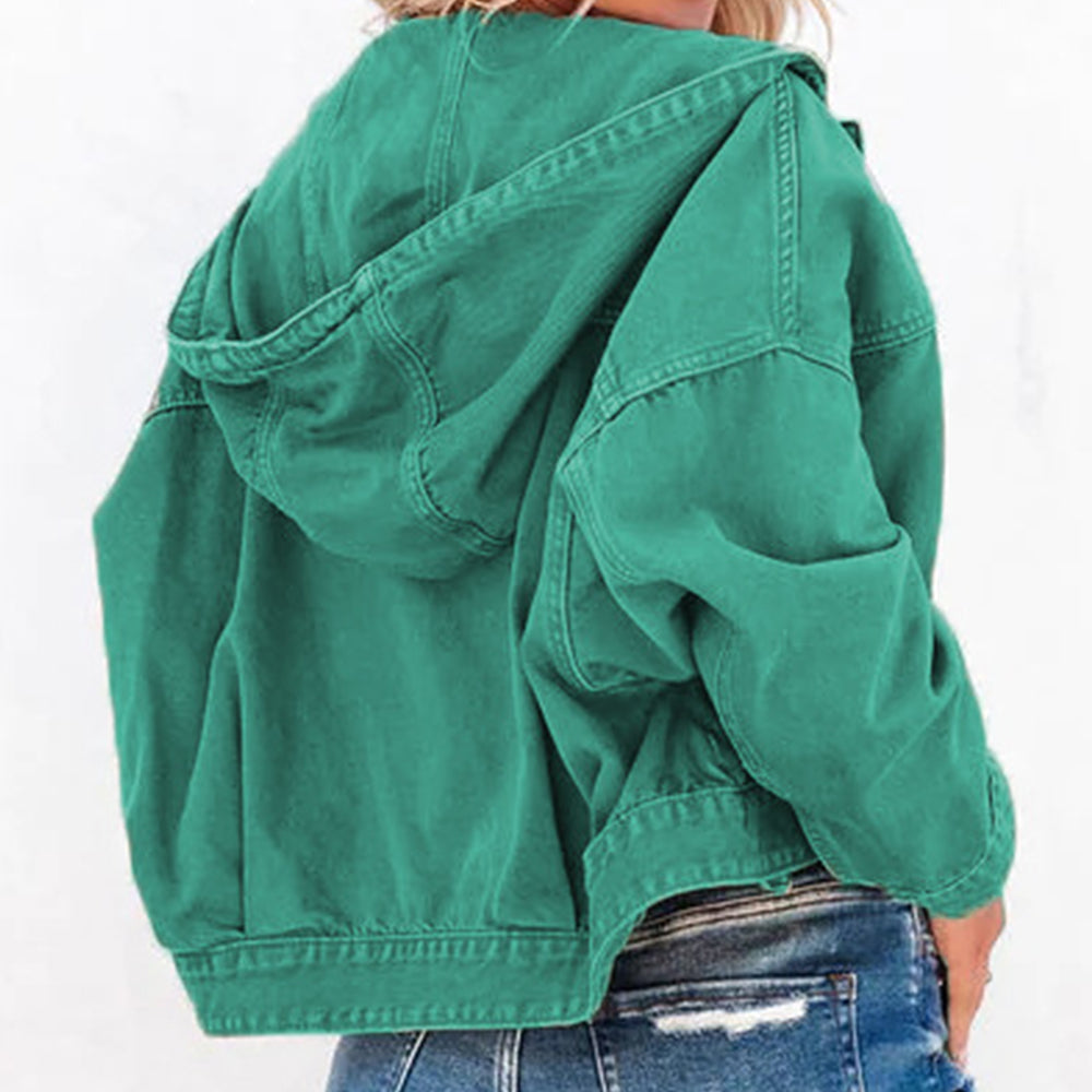 Sea Green Hooded Dropped Shoulder Denim Jacket Sentient Beauty Fashions Apparel &amp; Accessories