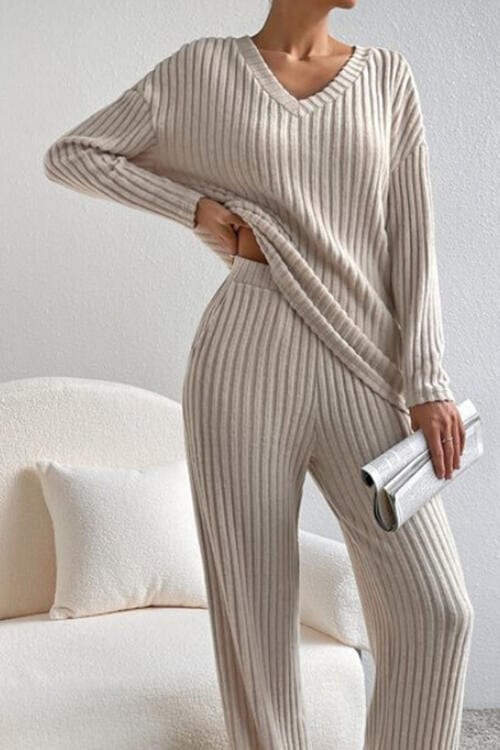 Gray Ribbed V-Neck Top and Pants Set