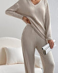 Gray Ribbed V-Neck Top and Pants Set